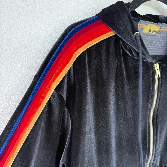Aviator Nation Black Velour Hoodie Zip Front Sweatshirt Striped Sleeve Medium - Picture 6 of 14